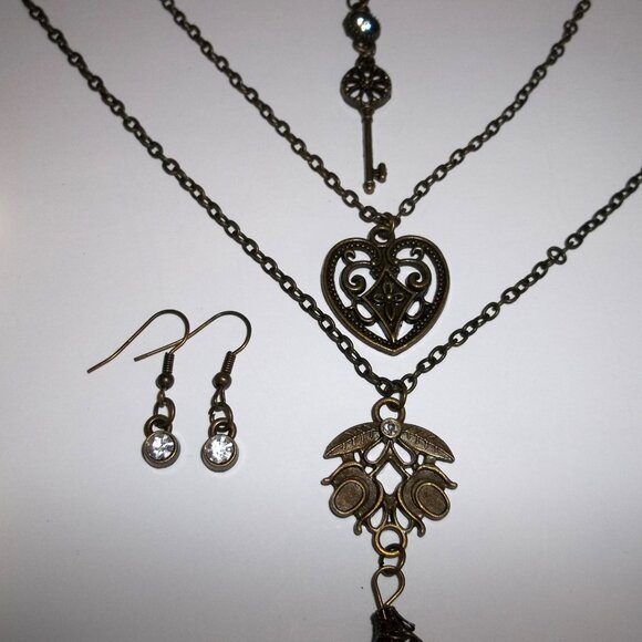 Bronze White Rhinestone Triple Layered Necklace Earring Key Heart Flower D186 - Picture 3 of 7